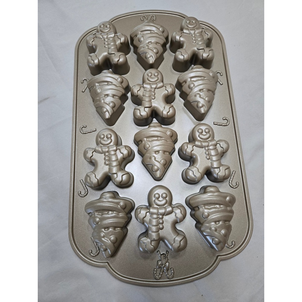 Nordic Ware Holiday Gingerbread Man and Christmas Tree Cakelet Pan Gold 12 Cup - Picture 2 of 3